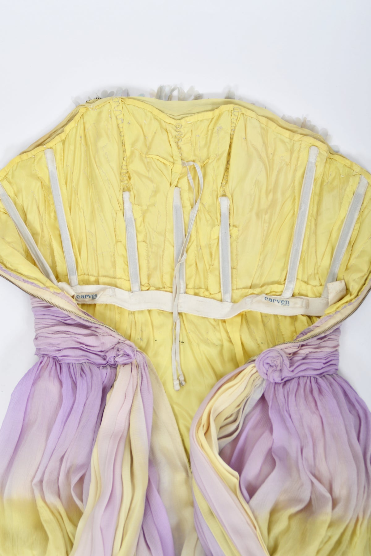 1950 Carven Haute Couture for Cécile Aubry Lilac Yellow Ombré Silk Corset Strapless Hooded Gown