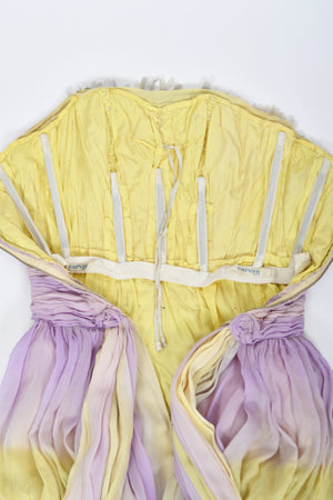 1950 Carven Haute Couture for Cécile Aubry Lilac Yellow Ombré Silk Corset Strapless Hooded Gown