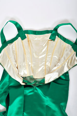 1958 Christian Dior by Yves Saint Laurent Emerald Green Satin Sash-Bow Cocktail Dress