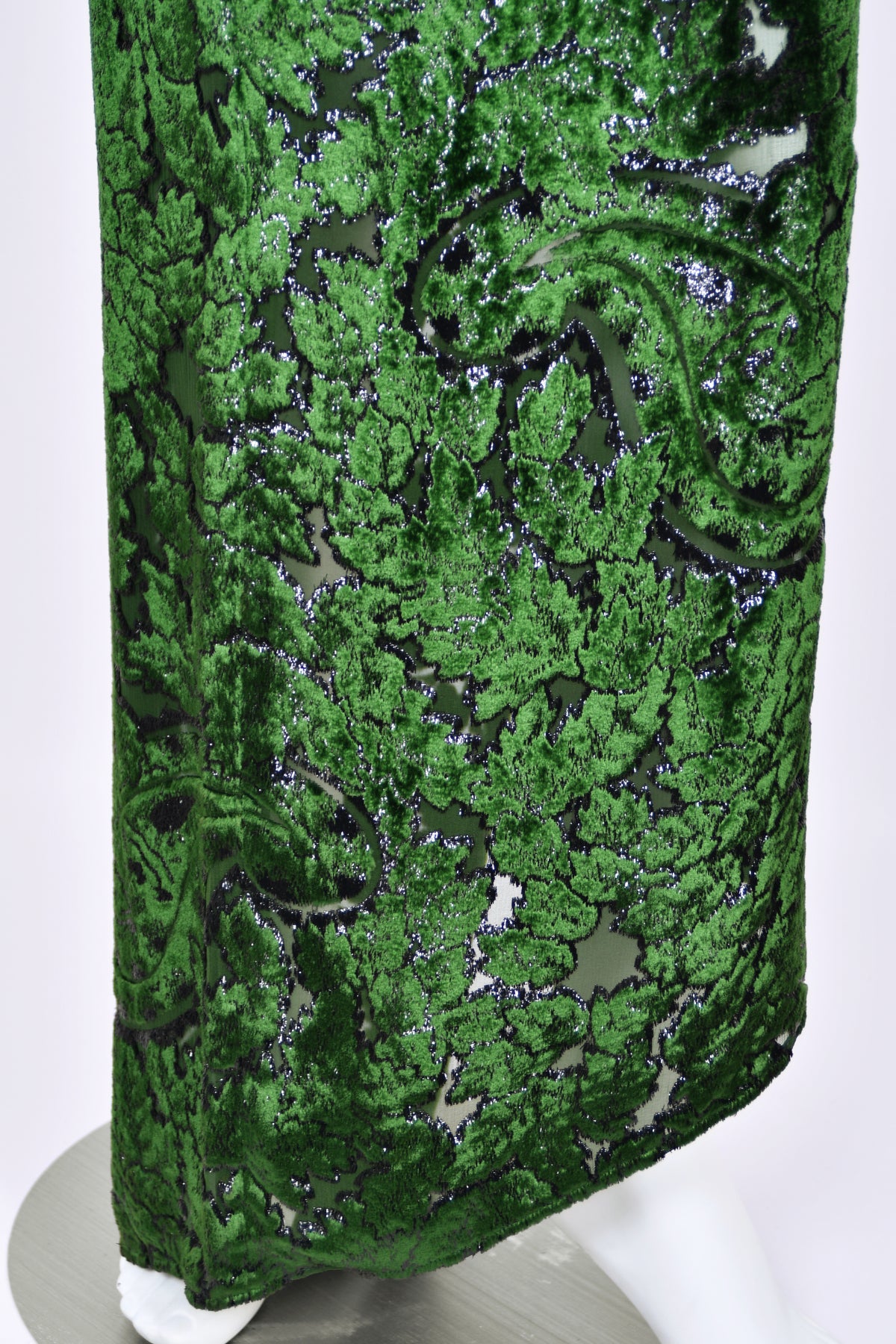 1990 Geoffrey Beene Couture 'Green Leaves' Sheer Devoré Velvet One-Sleeve Hourglass Gown