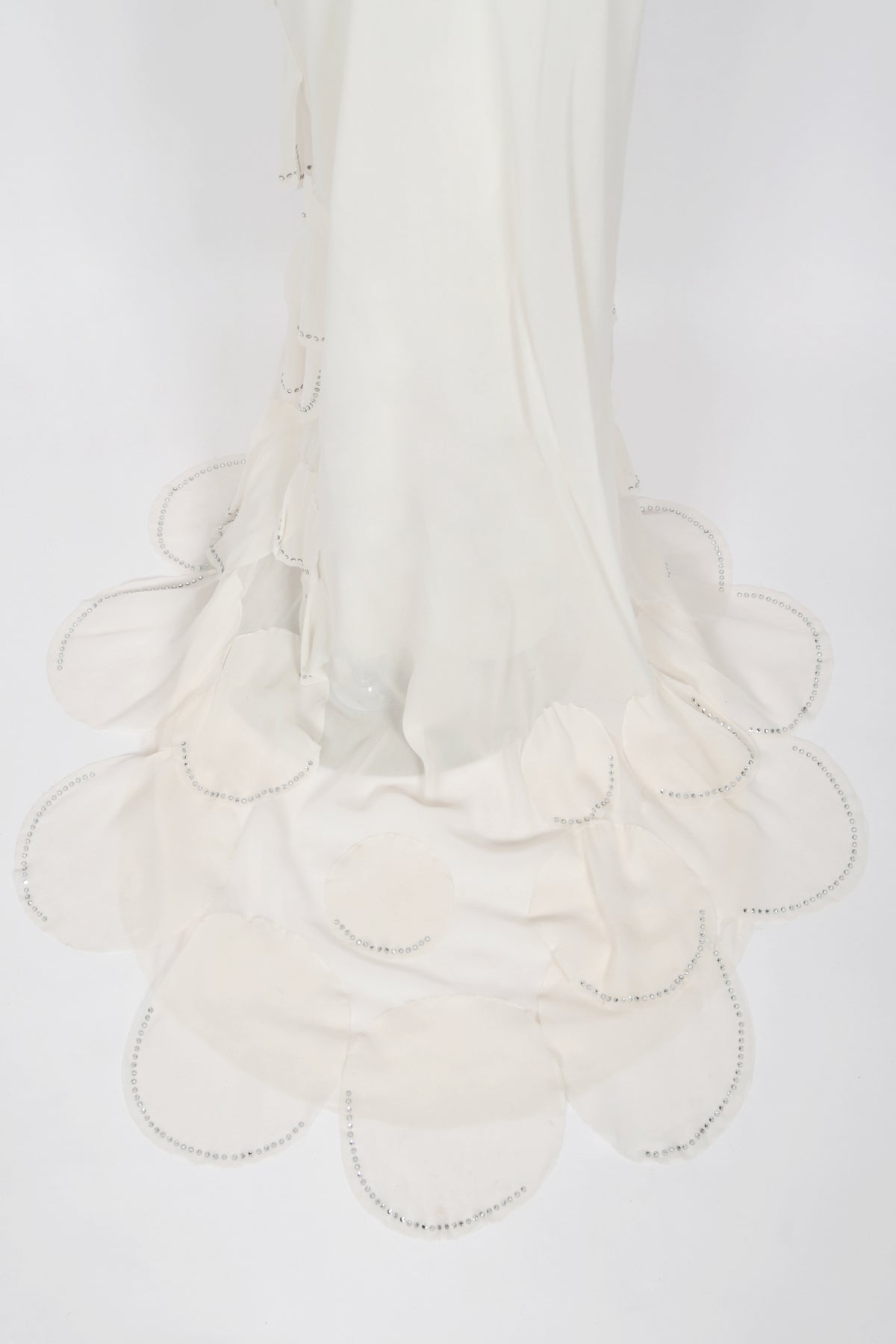 1990 Angelo Tarlazzi Paris Couture Ivory Silk Rhinestone Petals Bias-Cut Trained Gown