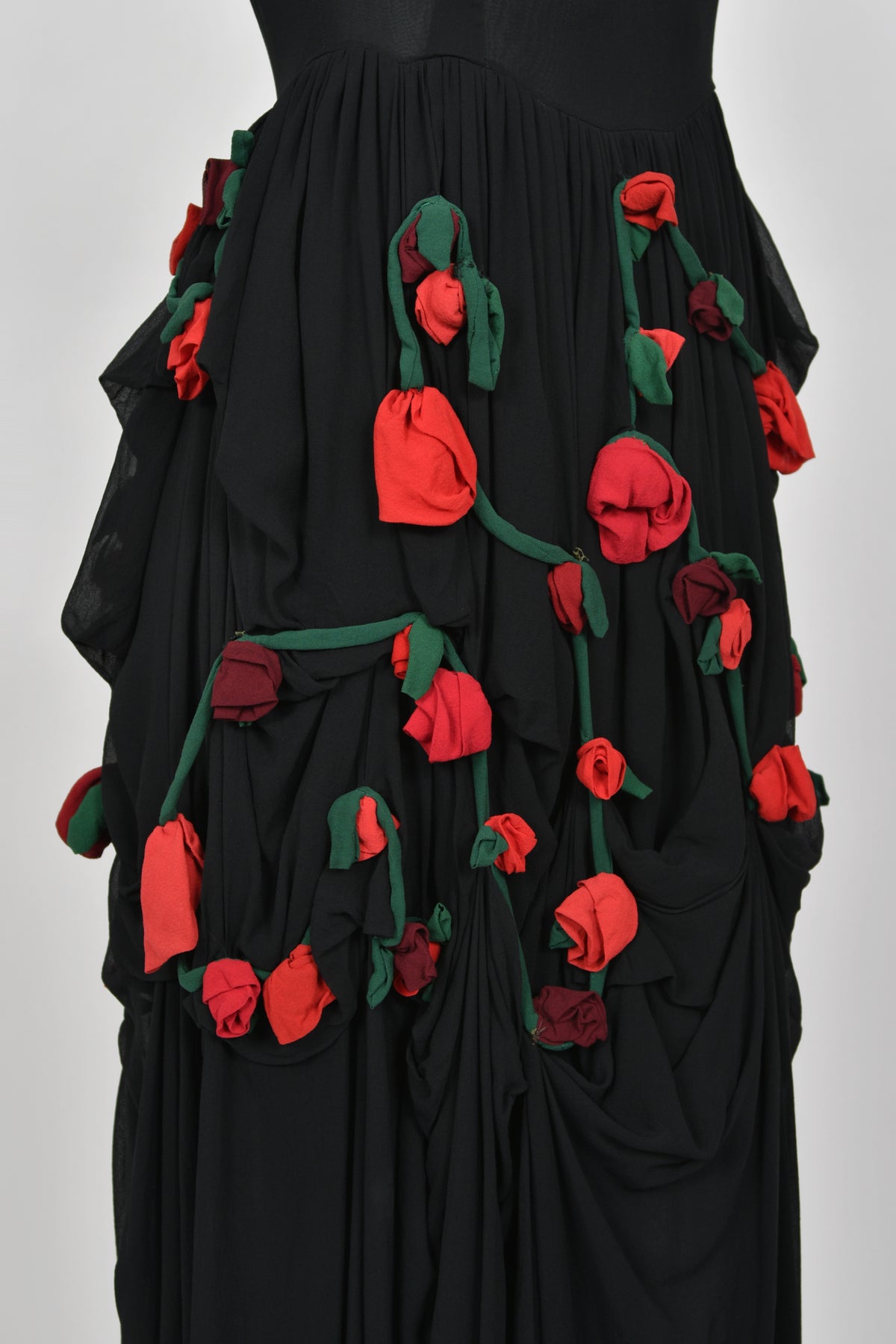1990 Dolce &amp; Gabbana Black Silk Chiffon Red-Roses Floral Appliqué Dress