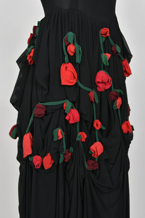 1990 Dolce & Gabbana Black Silk Chiffon Red-Roses Floral Appliqué Dress