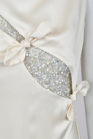 2002 Valentino Candlelight Silk Beaded Sequin Cut Out Ties Draped Bias-Cut Gown