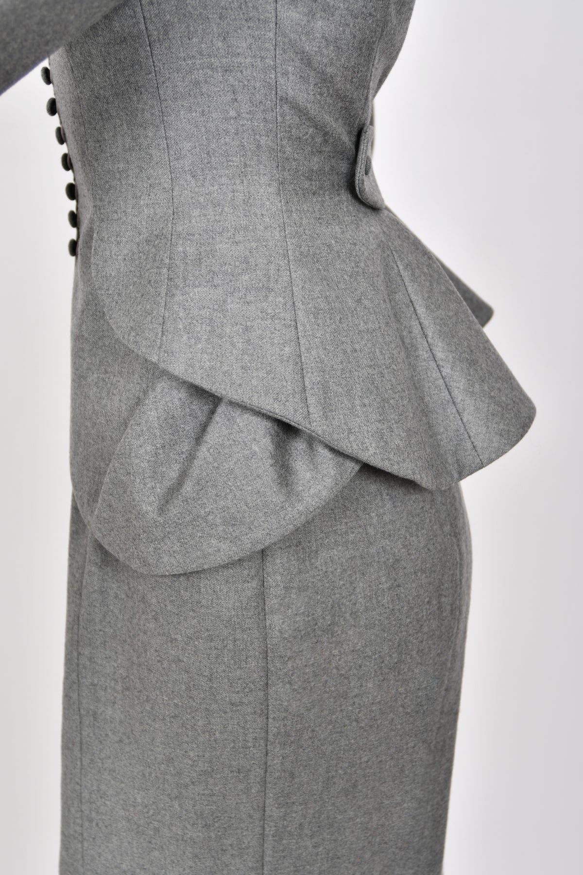 1998 John Galliano ‘Cabaret’ Collection Charcoal Gray Wool Dress & Peplum Jacket Suit
