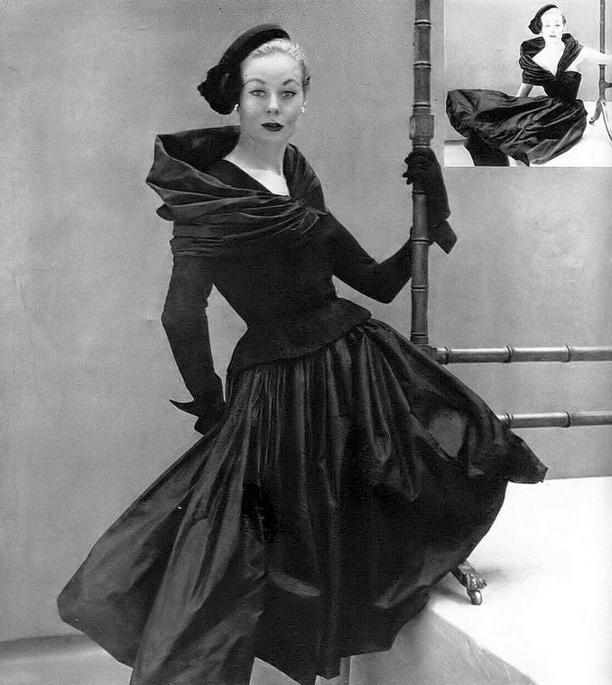 1956 Christian Dior Demi-Couture Black Silk Portrait Collar Skirted Cocktail Dress