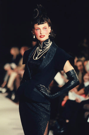 1997 Christian Dior by John Galliano Black Silk Crepe Strapless High-Slit Gown
