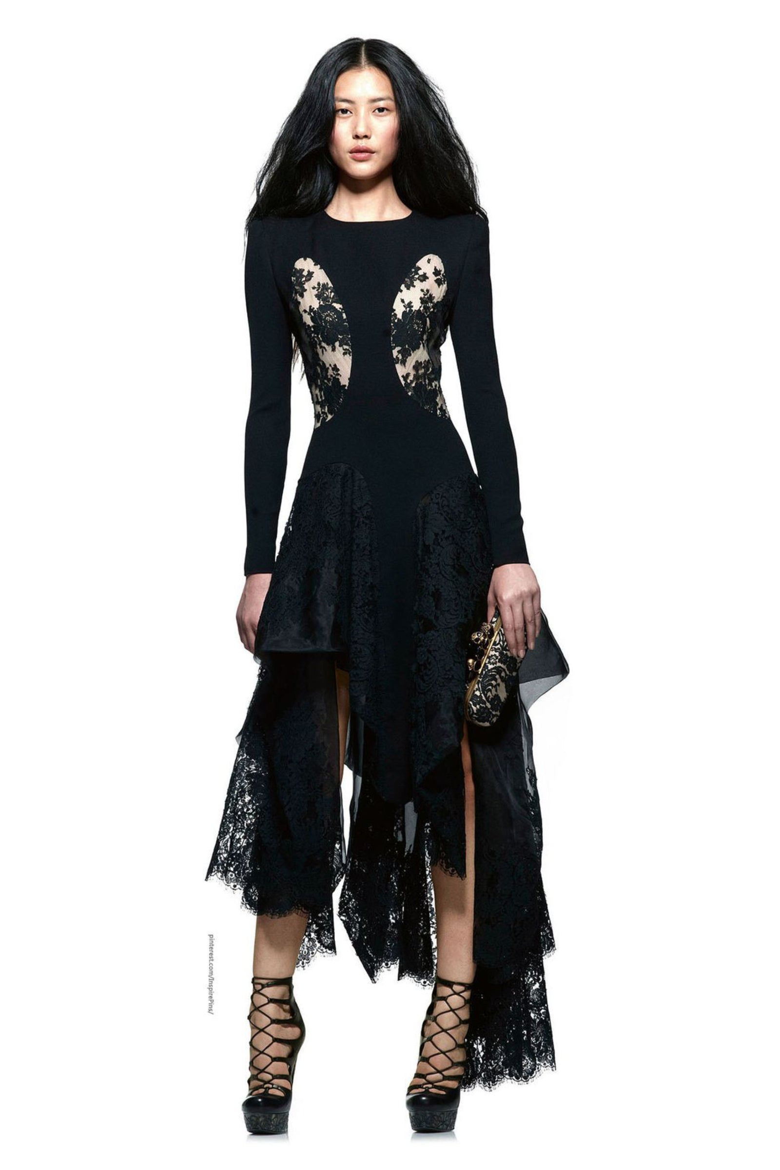 2010 Alexander McQueen Lifetime Black Crepe & Sheer Illusion Lace High-Low Gown