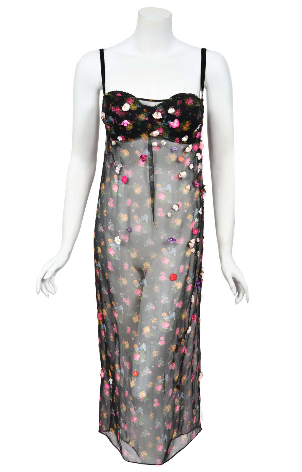 1999 Dolce &amp; Gabbana Sheer Appliqué Floral Silk Built-In Bra Slip Dress