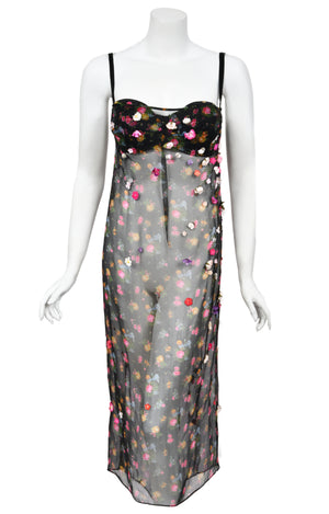 1999 Dolce & Gabbana Sheer Appliqué Floral Silk Built-In Bra Slip Dress