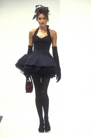 1992 Dolce & Gabbana Runway Black Stretch Cotton & Lilac Tulle Halter Mini Dress w/ Gloves