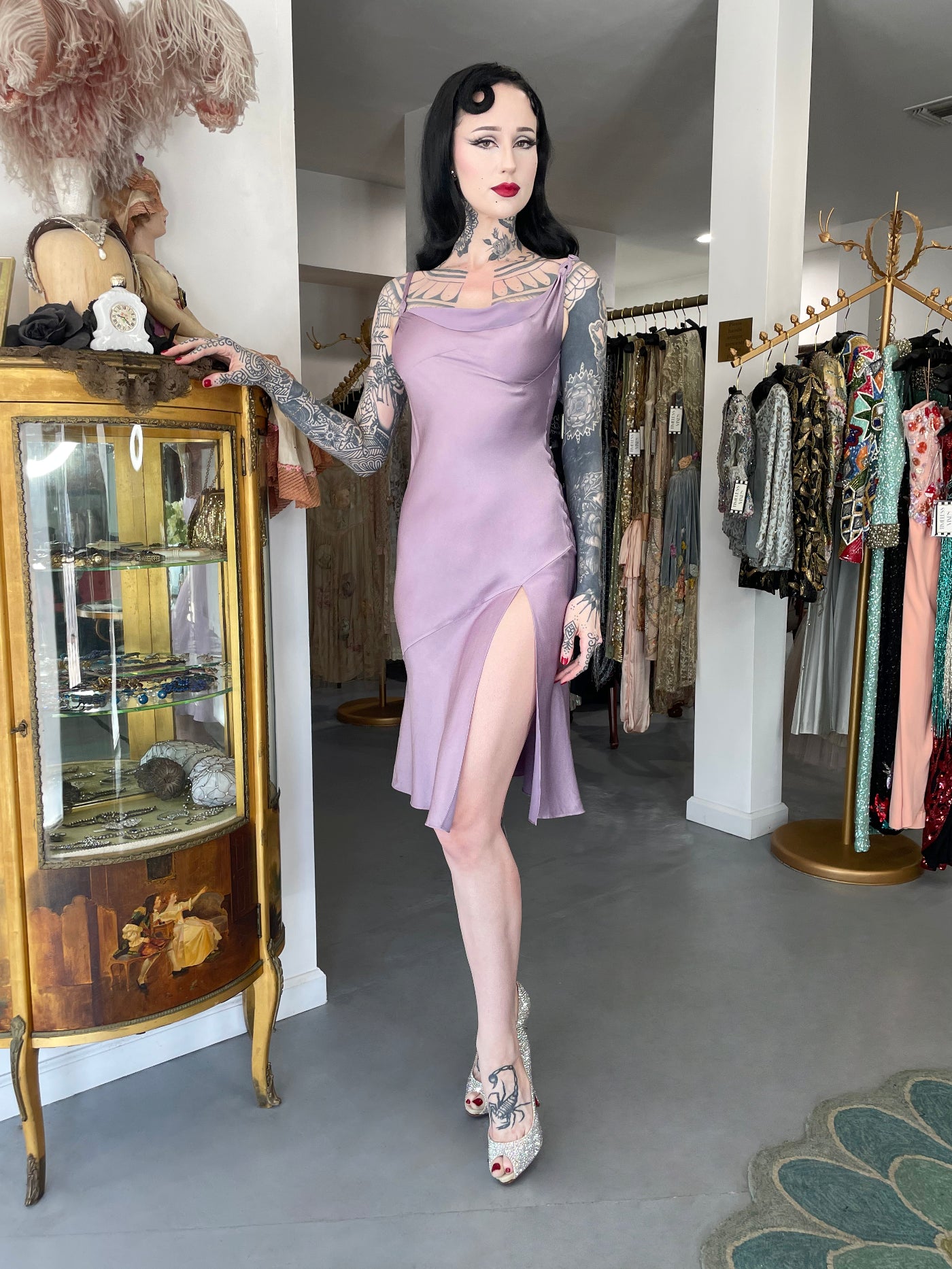2000 John Galliano Lilac Satin Asymmetric Draped High Slit Bias-Cut Slip Dress