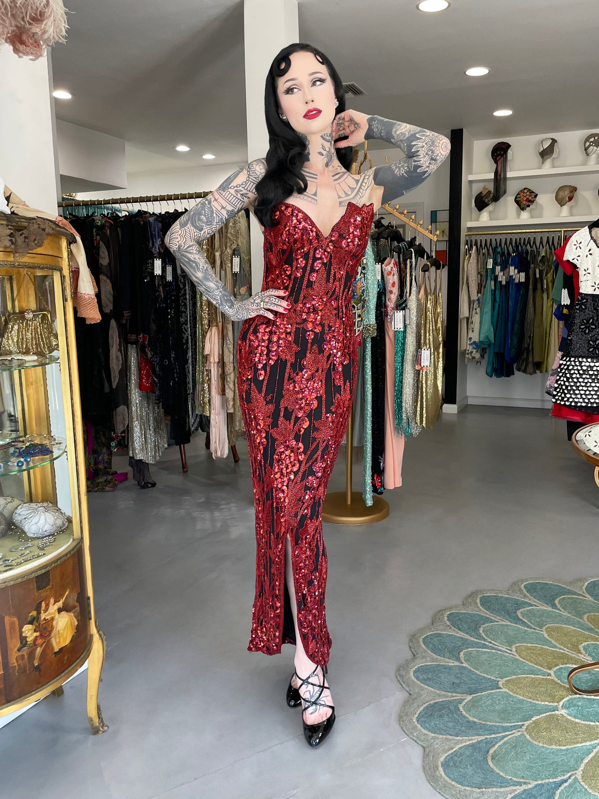 1990 Bob Mackie Red Grapevines Beaded Sequin Silk Strapless Hourglass Slit Gown