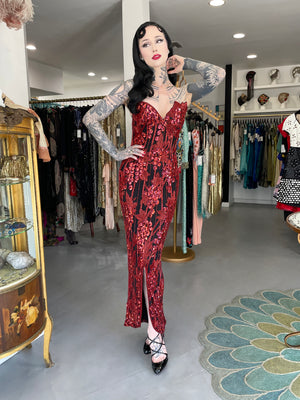1990 Bob Mackie Red Grapevines Beaded Sequin Silk Strapless Hourglass Slit Gown