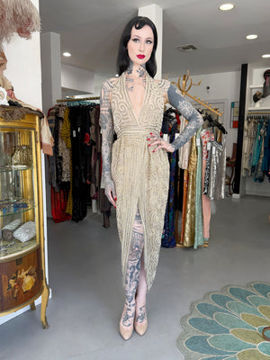 1982 Halston Runway Beaded Sheer Illusion Champagne Lace Backless Halter Wrap Gown