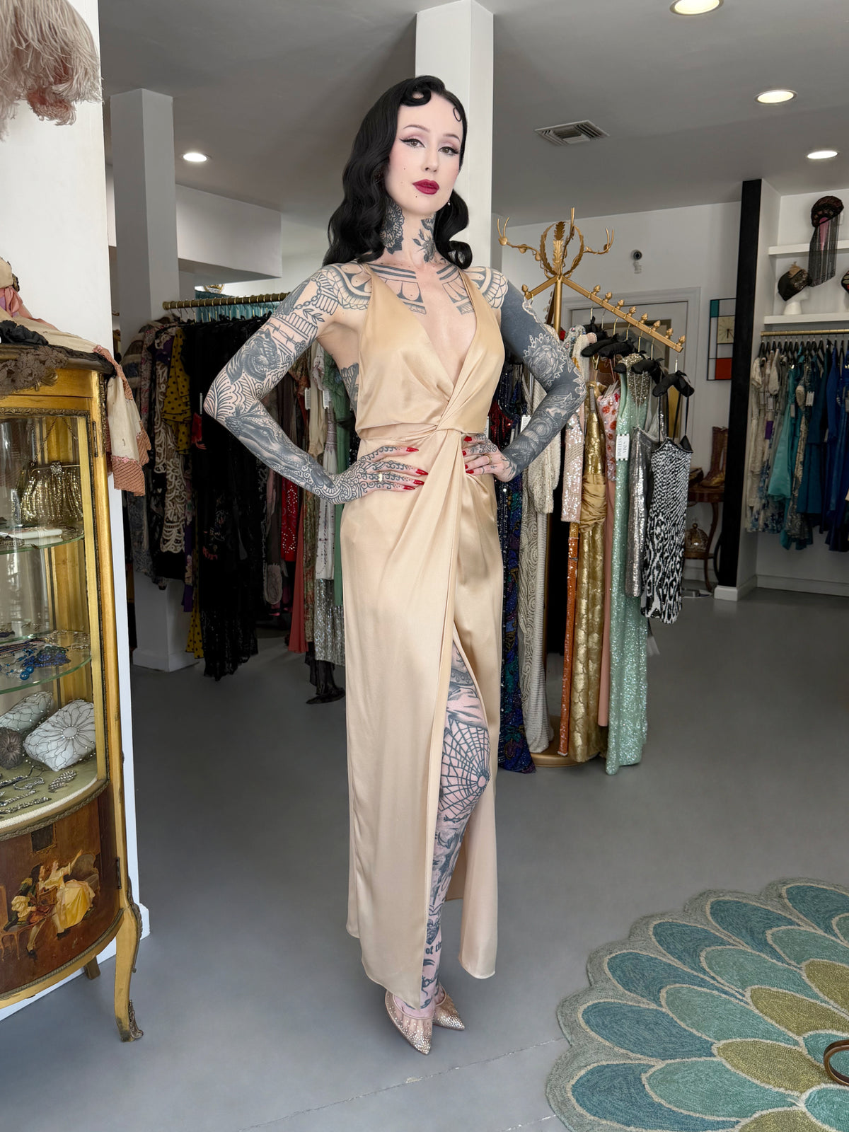 2011 Gucci Resort Collection Champagne Silk Draped Low-Plunge High Slit Maxi Slip Dress