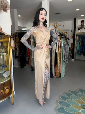 2011 Gucci Resort Collection Champagne Silk Draped Low-Plunge High Slit Maxi Slip Dress