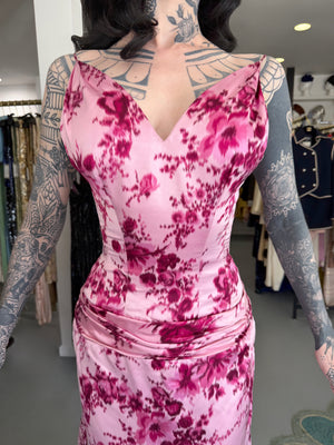 1955 Samuel Winston Vogue Documented Pink Floral Silk Satin Sculptural Trained Gown