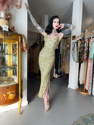 1950's Jacqueline Paris Couture Chartreuse Fully-Beaded Backless Hourglass Gown