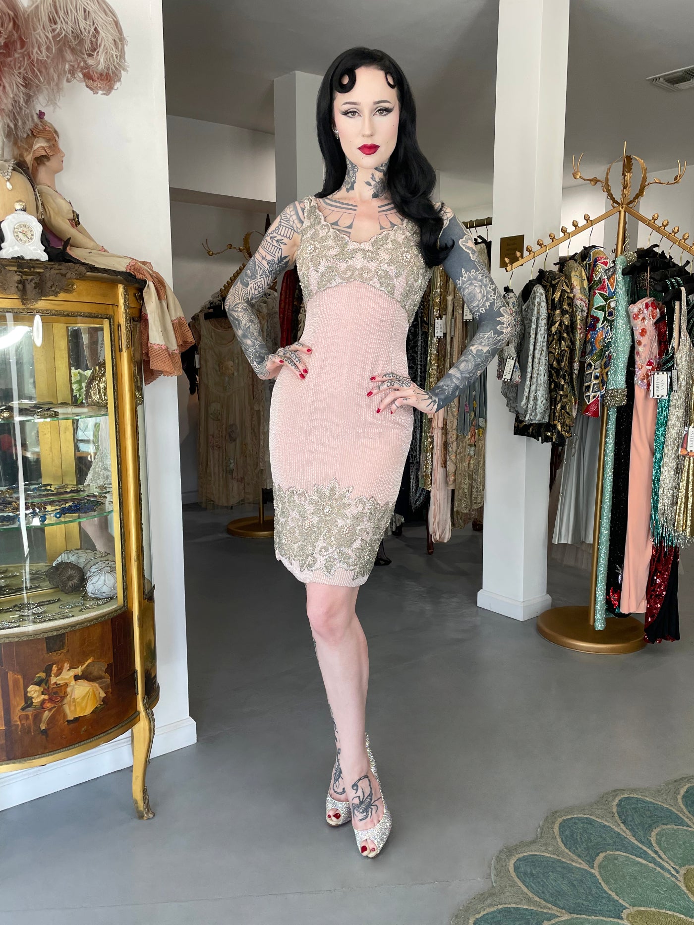 1965 Helen Rose Couture Fully-Beaded Blush Pink Silk Hourglass Dress