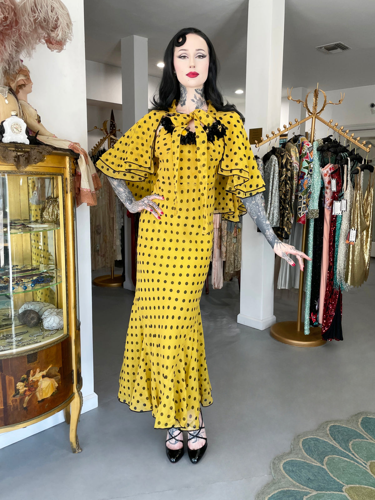 1930&#39;s Germaine Monteil Couture Polka Dot Silk Appliqué Bias-Cut Gown w/ Capelet