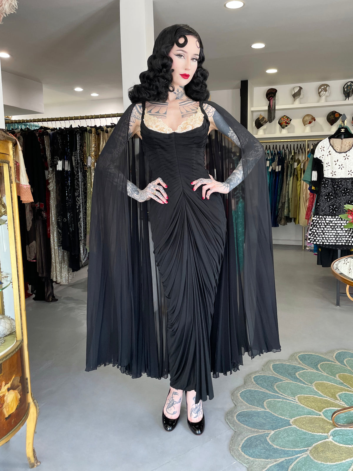 1964 Yma Sumac Documented Custom Couture Ruched Black Silk Hourglass Gown w/ Cape