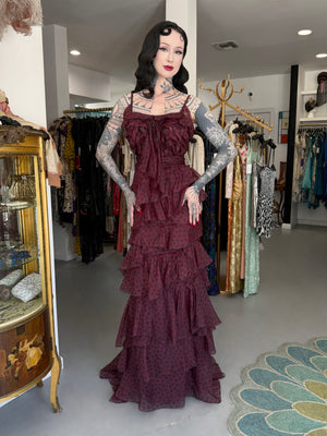 2011 Nina Ricci Editorial Burgundy & Black Polka-Dot Silk Tiered Ruffle Trained Gown w/ Tags