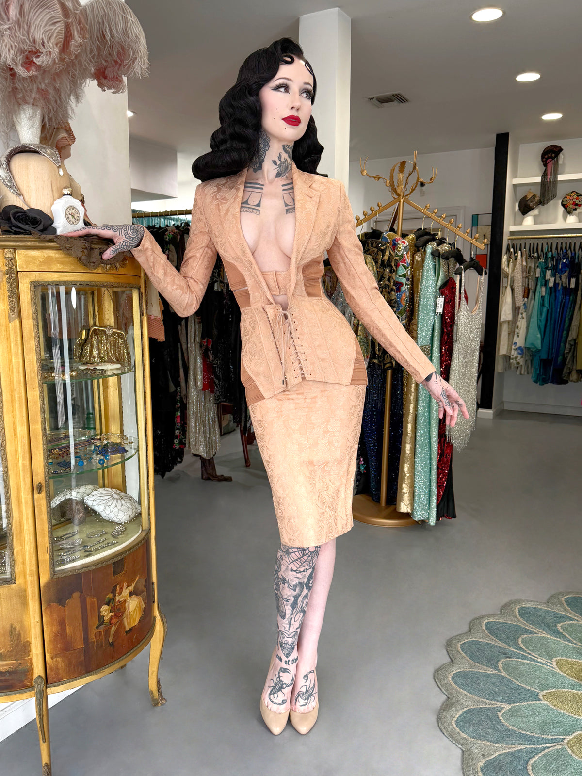 2004 Jean Paul Gaultier Runway Embroidered Blush Pink Corset Jacket & Matching Skirt