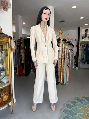 1999 Christian Dior by John Galliano Ivory Logo-Print Silk Enamel Buttons Pantsuit