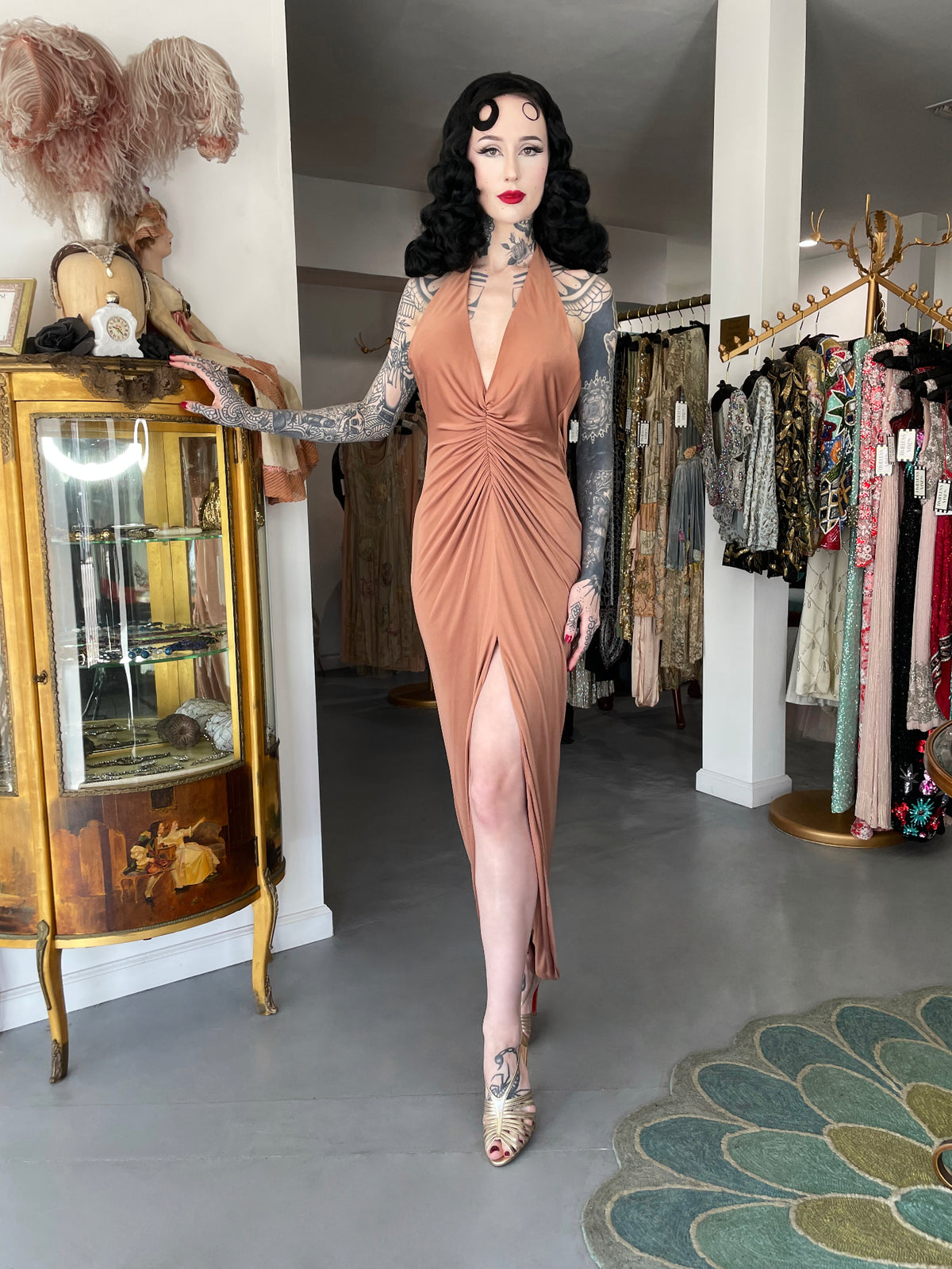 2005 Versace Nude Silk-Jersey Low Plunge Halter Backless Gown