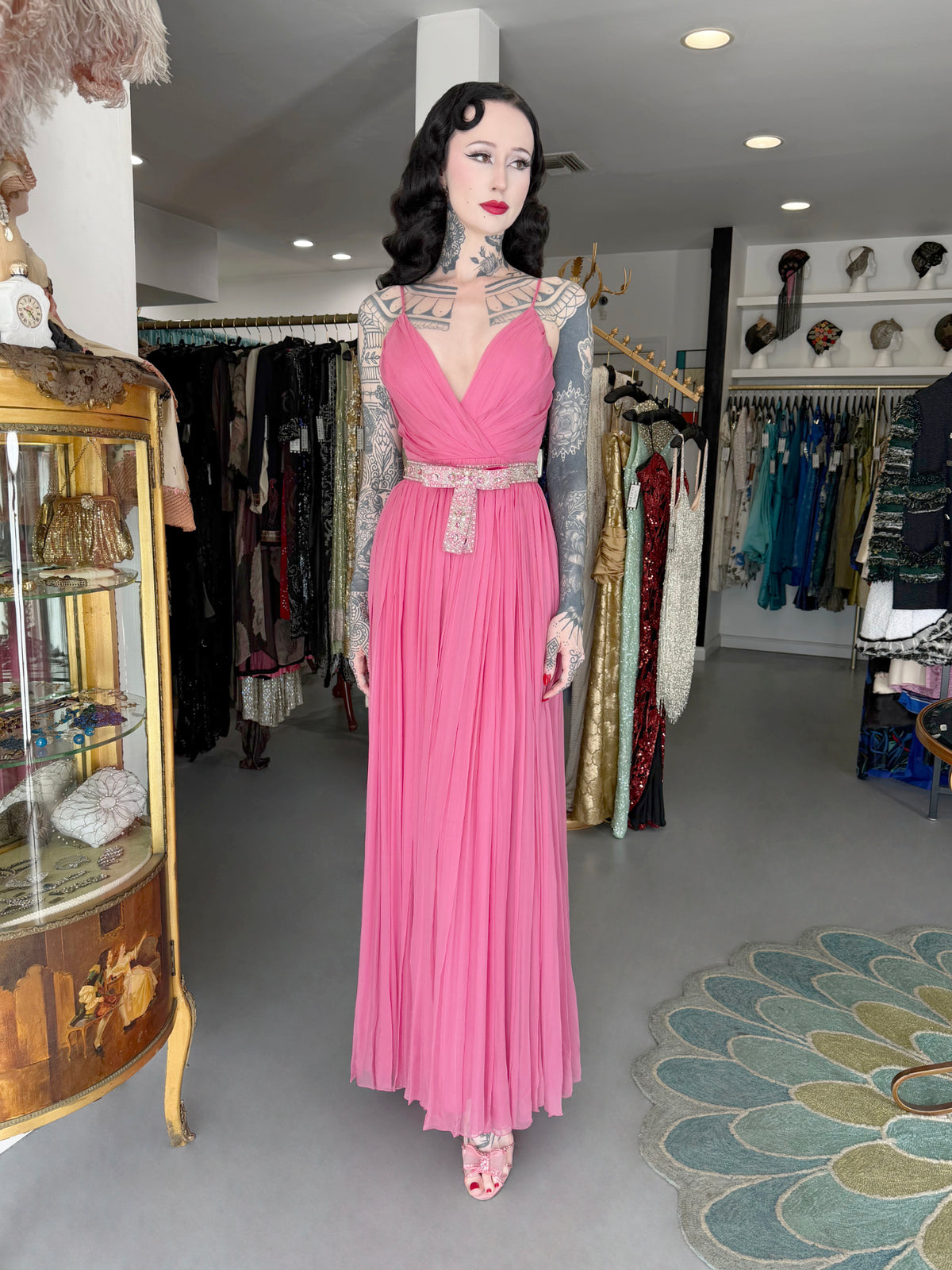 2008 Christian Dior by John Galliano Resort Pink Silk Low-Cut Jeweled Belt Pleated Gown