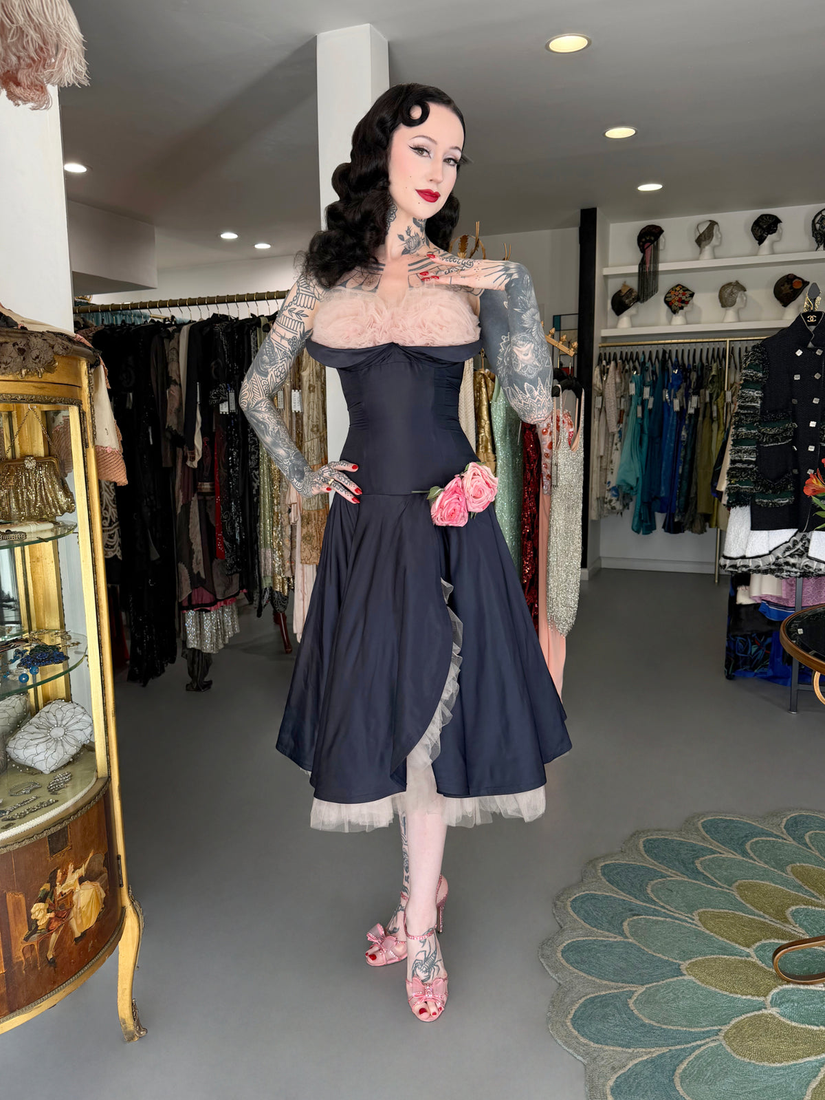 1950's Don Miguel of California Navy Silk &amp; Blush Pink Tulle Ruffle Shelf-Bust Strapless Dress