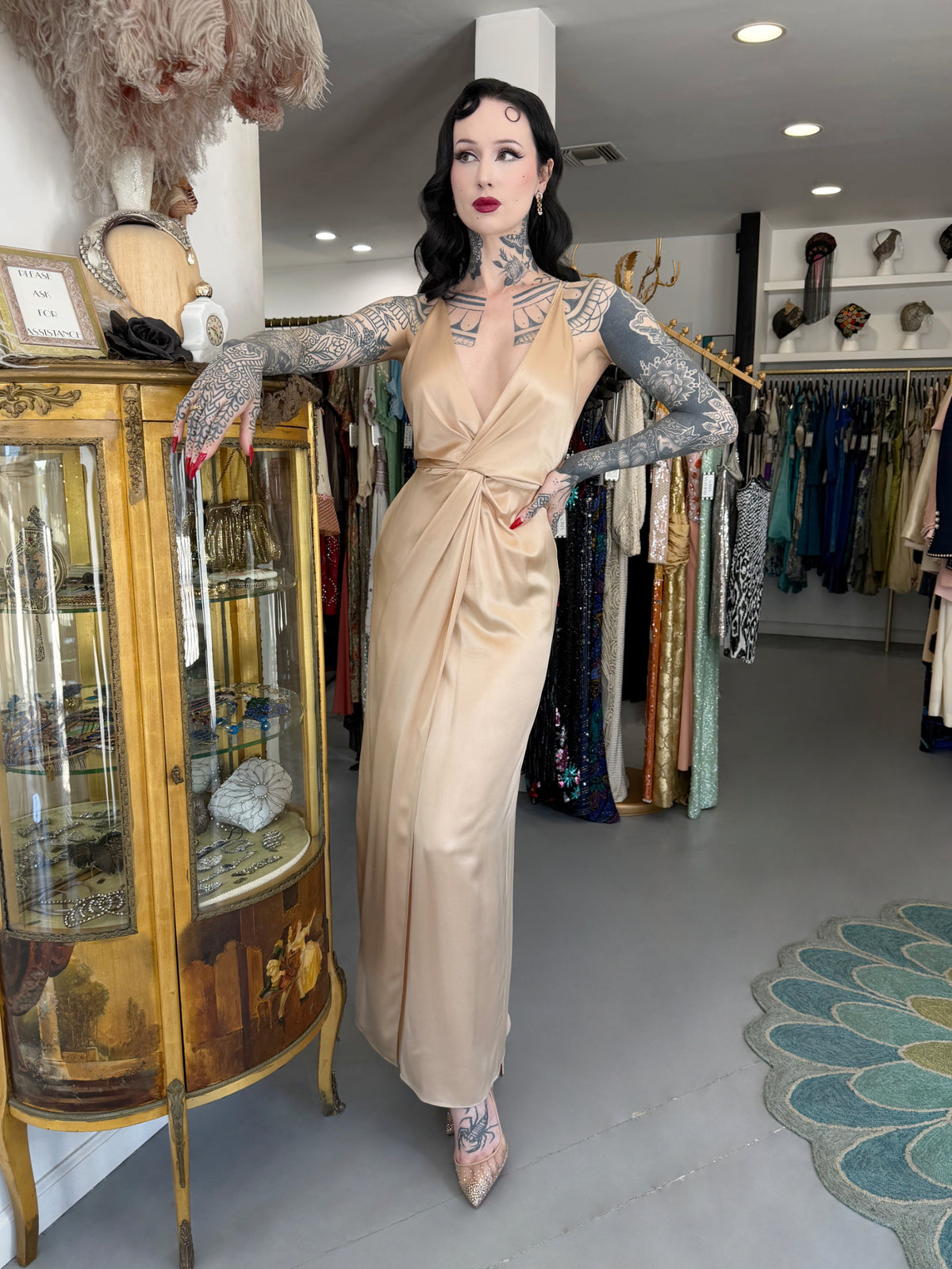 2011 Gucci Resort Collection Champagne Silk Draped Low-Plunge High Slit Maxi Slip Dress