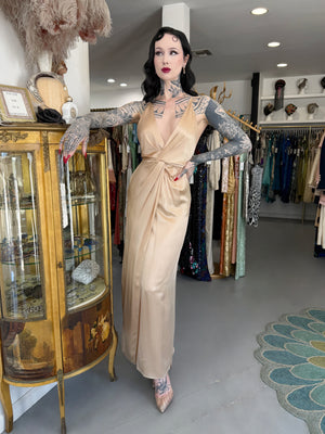 2011 Gucci Resort Collection Champagne Silk Draped Low-Plunge High Slit Maxi Slip Dress