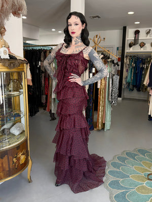 2011 Nina Ricci Editorial Burgundy & Black Polka-Dot Silk Tiered Ruffle Trained Gown w/ Tags