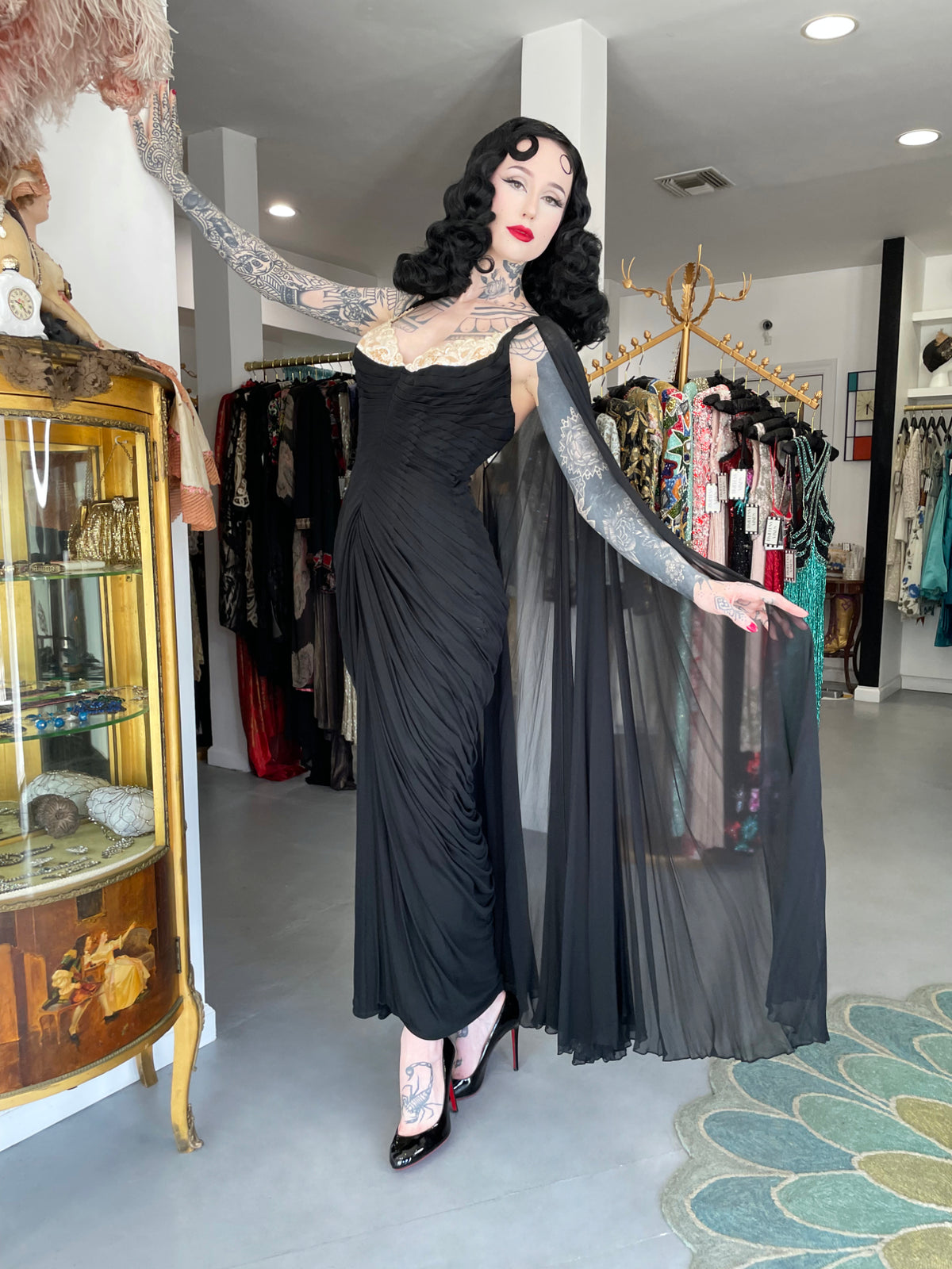 1964 Yma Sumac Documented Custom Couture Ruched Black Silk Hourglass Gown w/ Cape