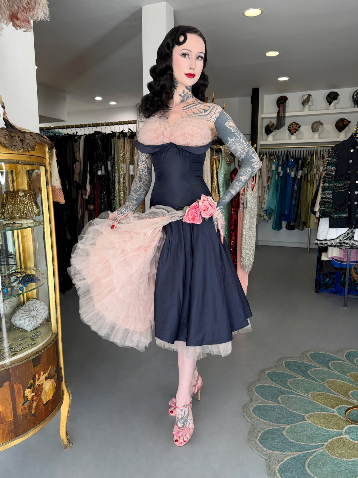 1950's Don Miguel of California Navy Silk &amp; Blush Pink Tulle Ruffle Shelf-Bust Strapless Dress
