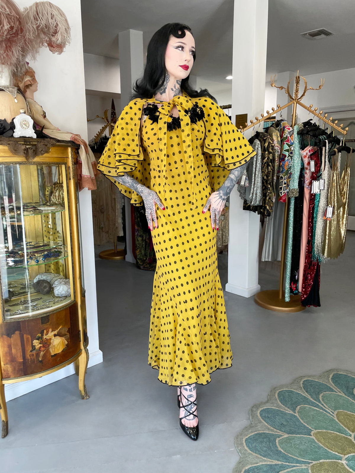 1930&#39;s Germaine Monteil Couture Polka Dot Silk Appliqué Bias-Cut Gown w/ Capelet