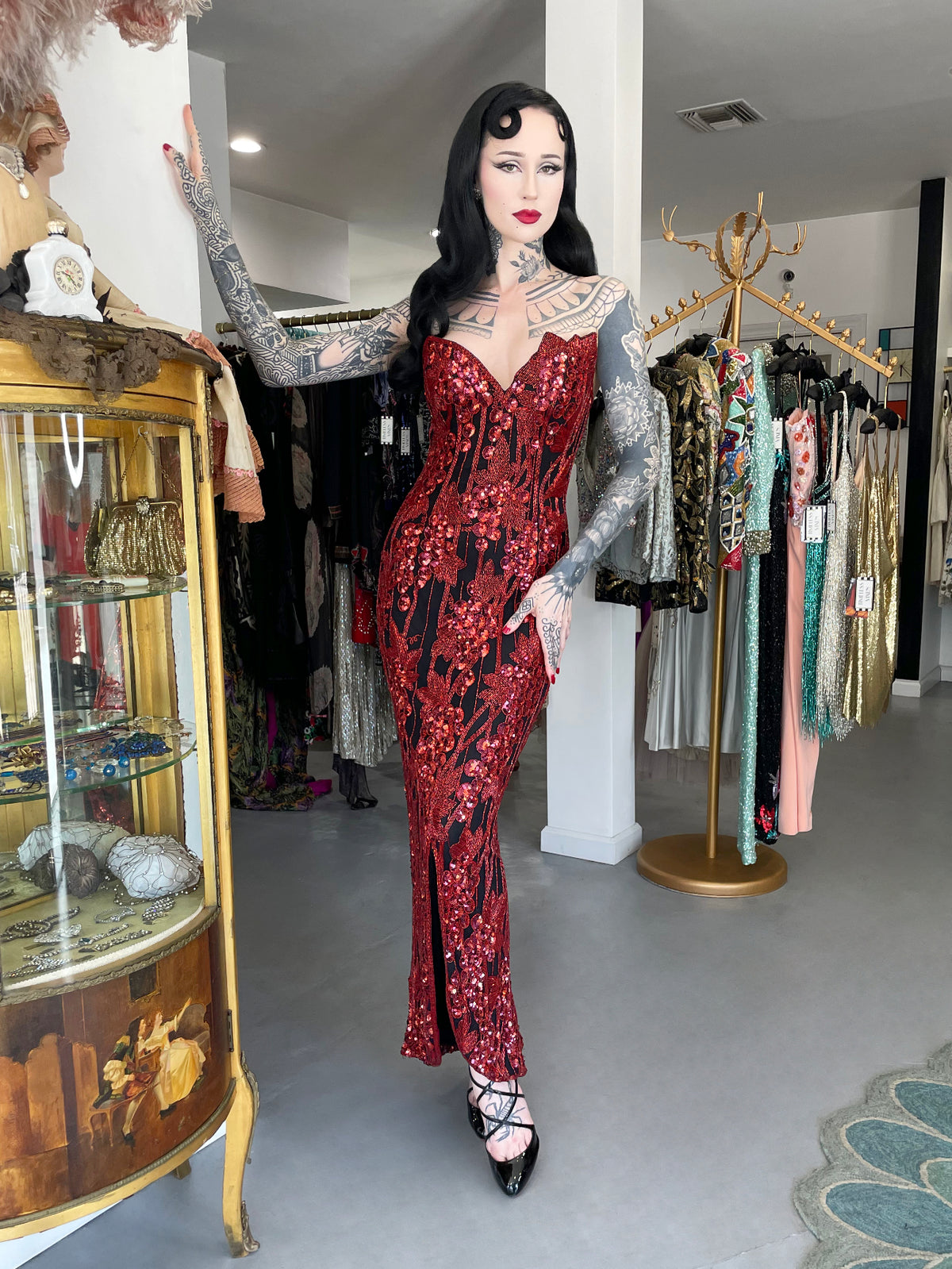 1990 Bob Mackie Red Grapevines Beaded Sequin Silk Strapless Hourglass Slit Gown