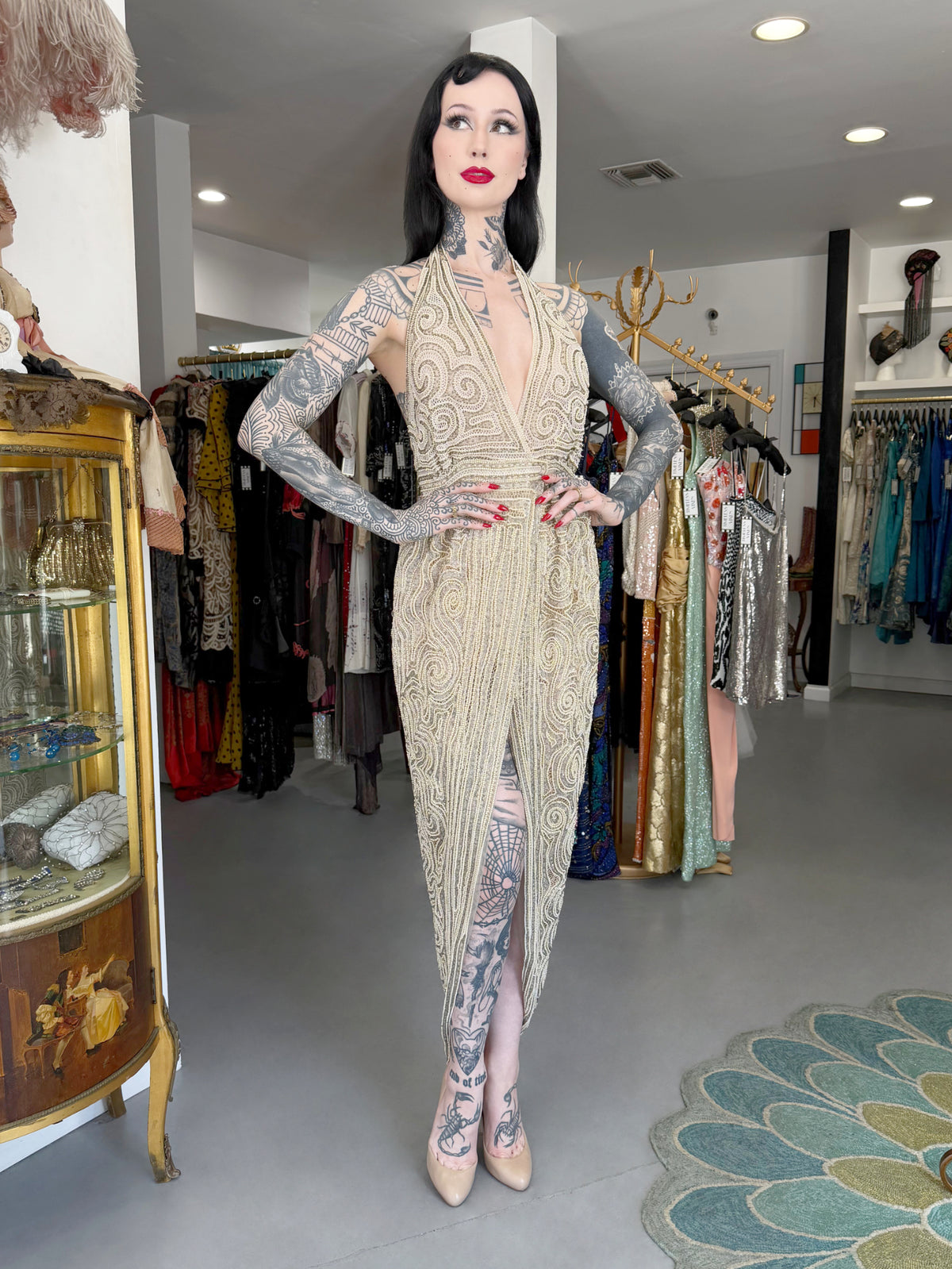 1982 Halston Runway Beaded Sheer Illusion Champagne Lace Backless Halter Wrap Gown