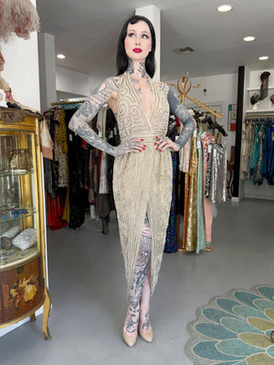 1982 Halston Runway Beaded Sheer Illusion Champagne Lace Backless Halter Wrap Gown