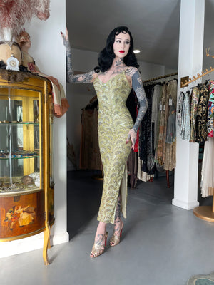 1950's Jacqueline Paris Couture Chartreuse Fully-Beaded Backless Hourglass Gown