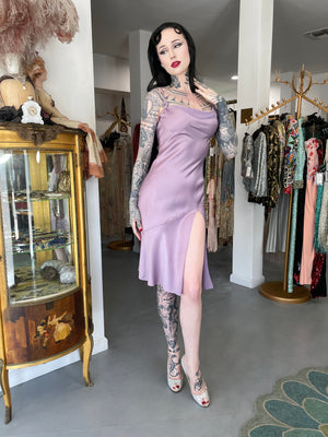2000 John Galliano Lilac Satin Asymmetric Draped High Slit Bias-Cut Slip Dress