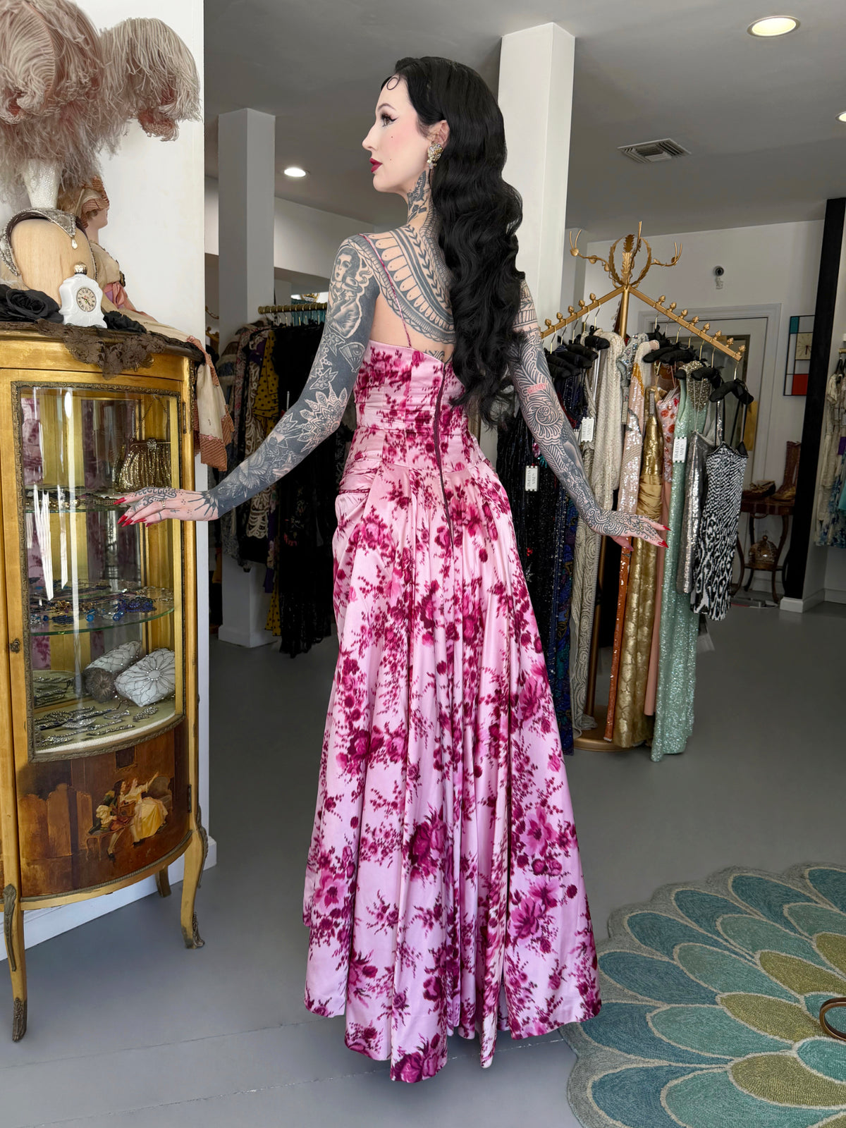 1955 Samuel Winston Vogue Documented Pink Floral Silk Satin Sculptural Trained Gown