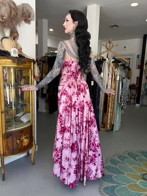 1955 Samuel Winston Vogue Documented Pink Floral Silk Satin Sculptural Trained Gown