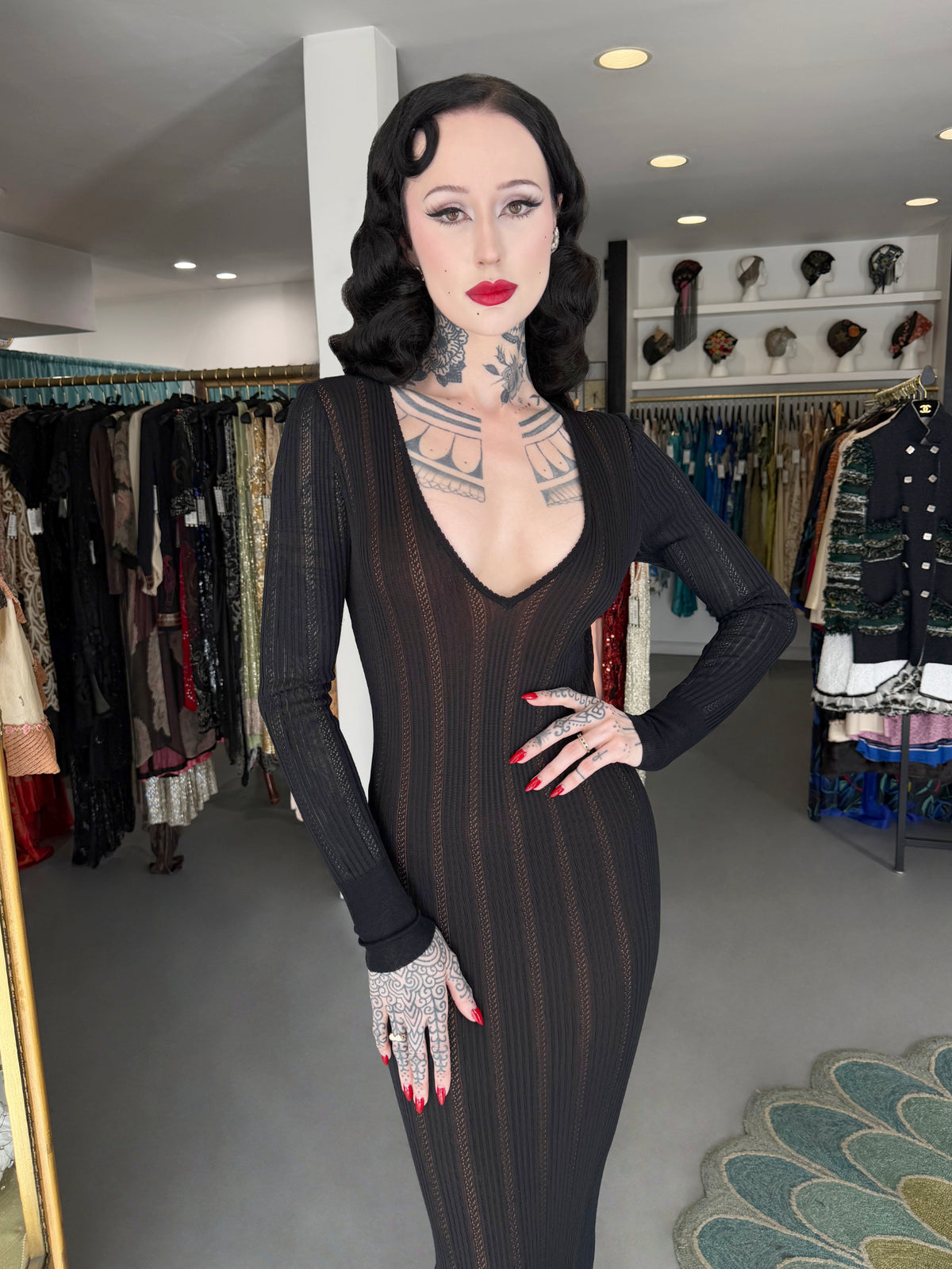 1996 Azzedine Alaïa Black Nude-Illusion Silky Knit Bodycon Floor Length Gown