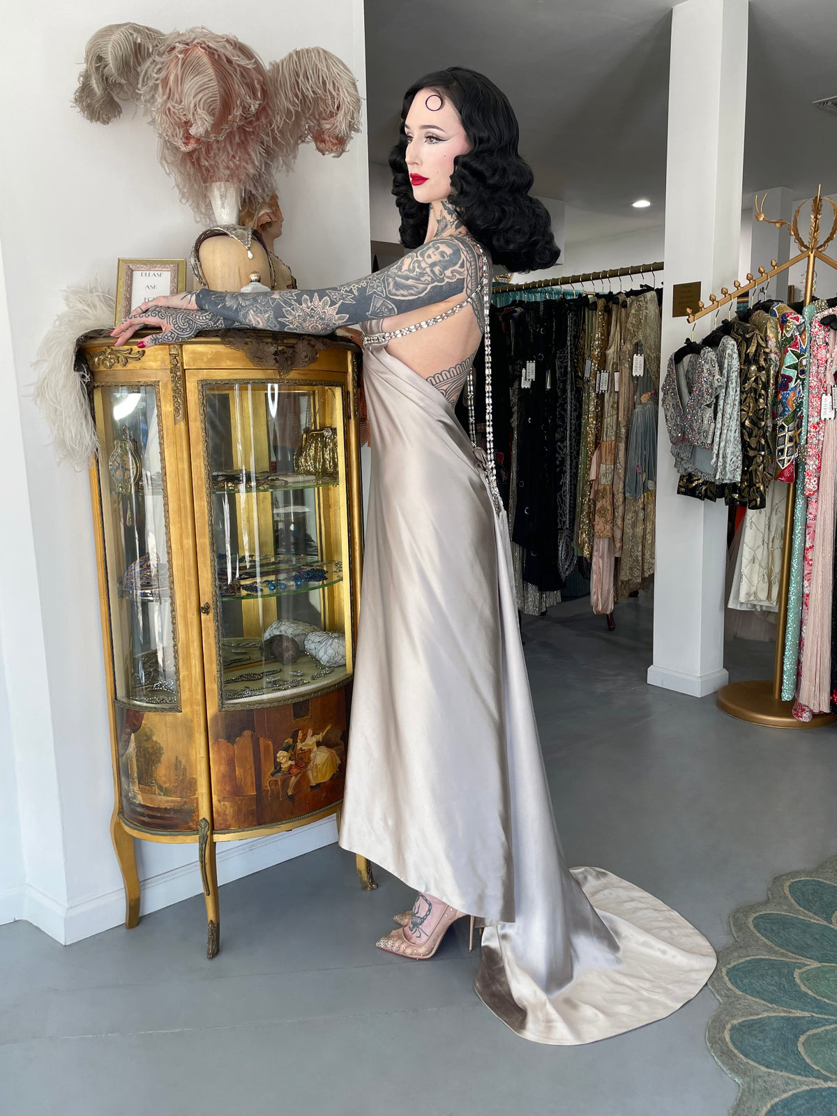 2006 Dsquared2 Platinum Silk Jeweled Backless Trained Glamour Gown