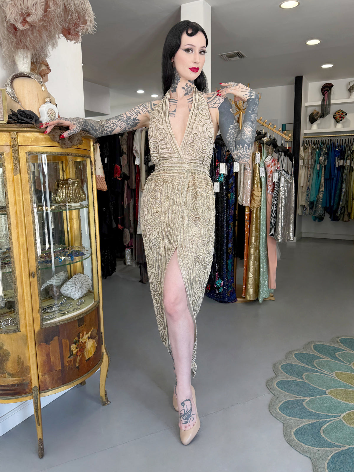 1982 Halston Runway Beaded Sheer Illusion Champagne Lace Backless Halter Wrap Gown