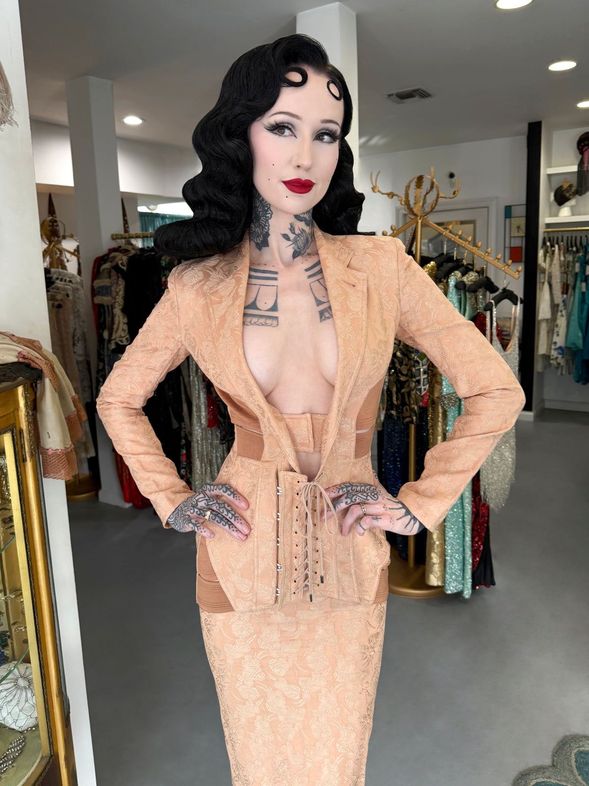 2004 Jean Paul Gaultier Runway Embroidered Blush Pink Corset Jacket & Matching Skirt