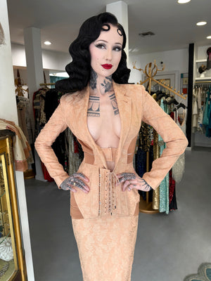 2004 Jean Paul Gaultier Runway Embroidered Blush Pink Corset Jacket & Matching Skirt